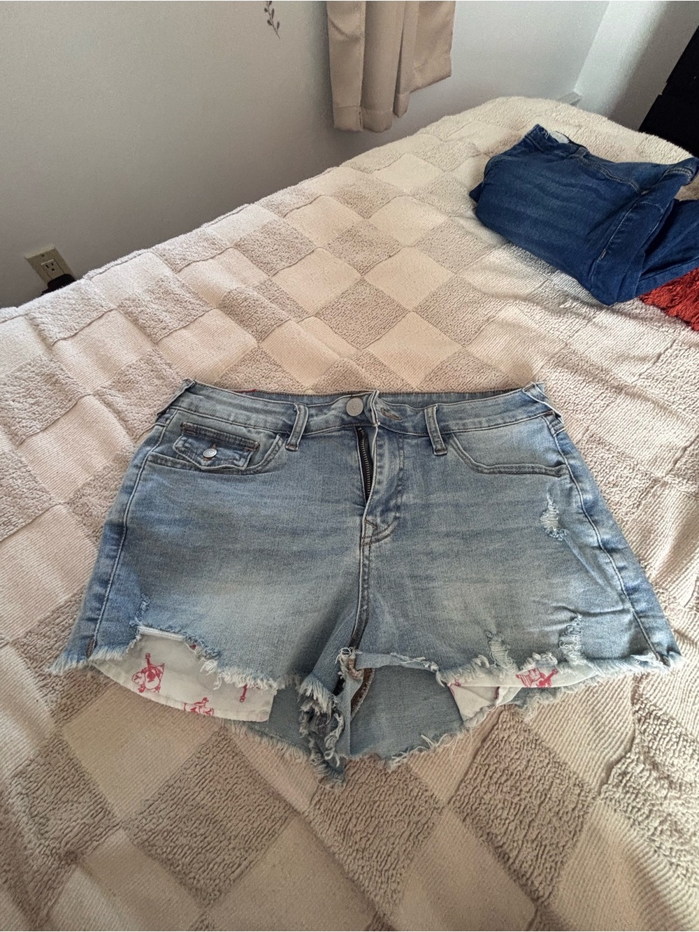 True Religion Light Blue Distressed Denim Shorts
